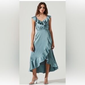 Astr The Label Blue Wilshire Ruffle Open Back Satin Midi Dress NWT